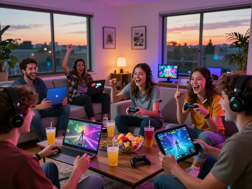 Engaging mind control porn gaming scene with players excitedly interacting with vibrant game graphics.