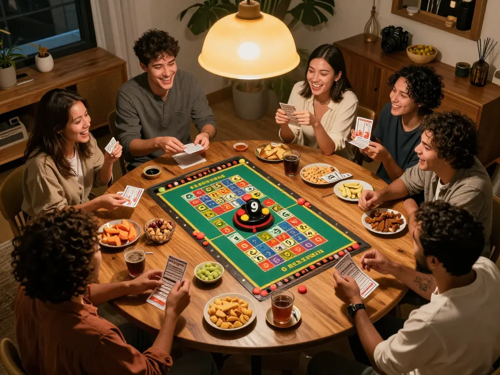 Friends enjoying a thrilling 9 Lotto 4D game night with tickets and snacks at home