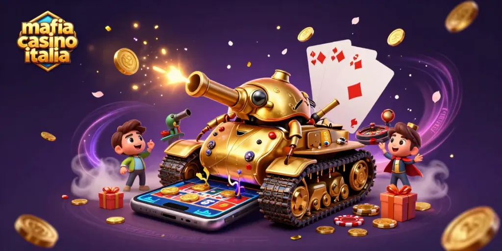Engage with mafia casino italia inside a vibrant, miniature casino tank illustration showcasing fun gambling elements.