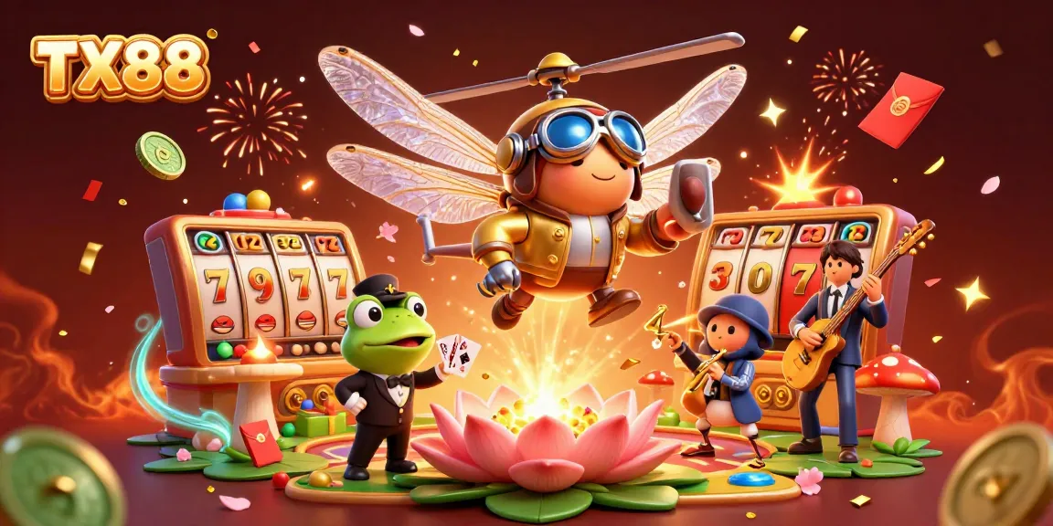 Experience the thrill at TX88's lily pad casino where a dragonfly pilot oversees the excitement in this vibrant gaming scene.