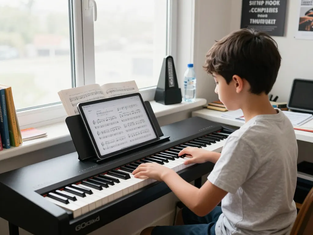 Pianist playing the Roland GO 88 digital piano, showcasing a vibrant musical practice environment with learning materials.