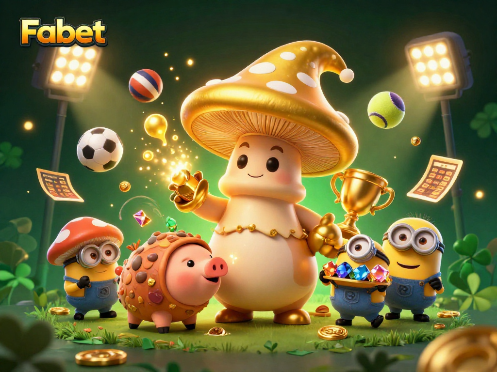 Experience the excitement of Fabet with a magical illustration showcasing casino elements, sports balls, and treasure.