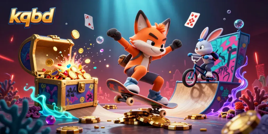Experience the dynamic kqbd illustration capturing a skateboarder fox and BMX rabbit amidst vibrant casino elements.