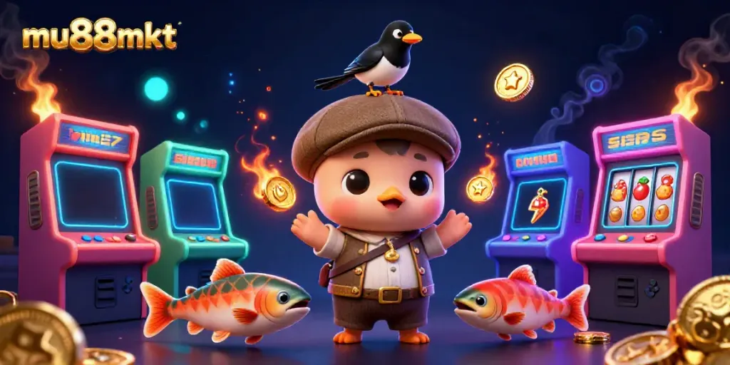 Spin the reels and win big at mu88mkt, featuring a playful Loch Ness monster with casino elements.