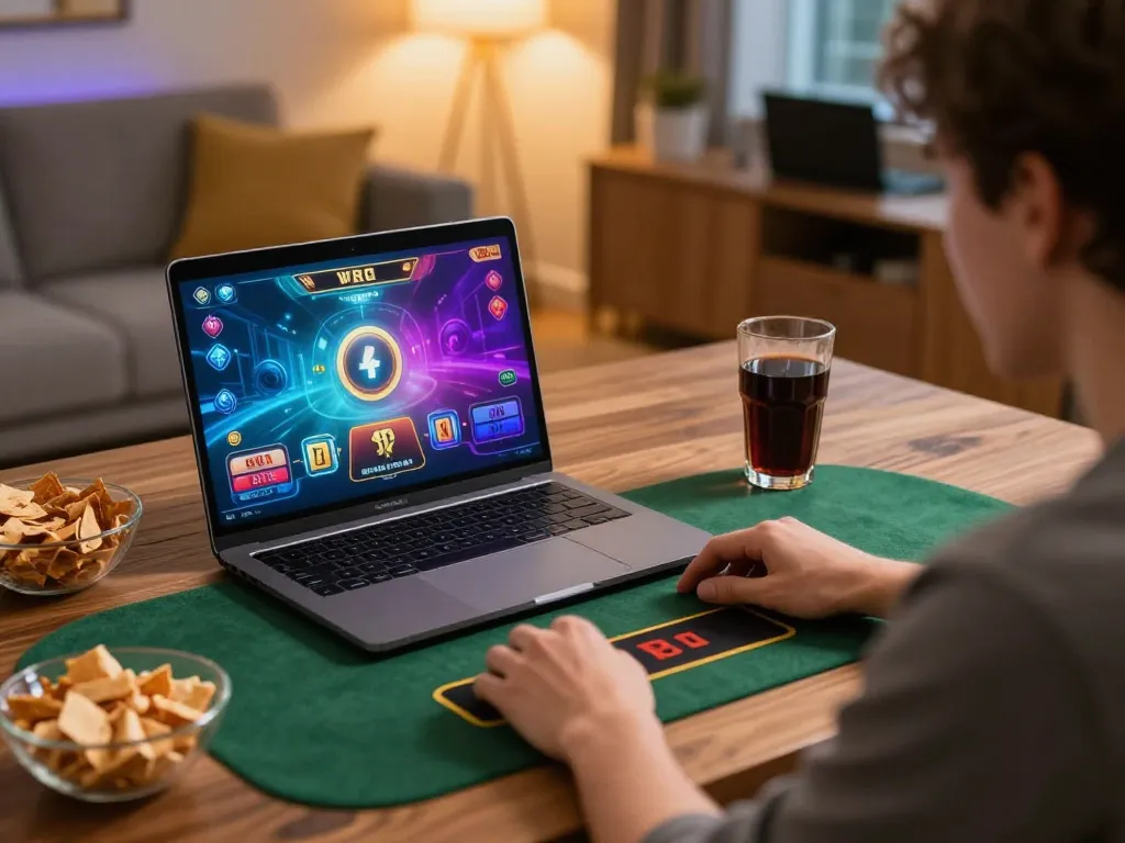 Engaged player at home using laptop for nhà cái hm88 gaming, focusing on live dealer excitement.
