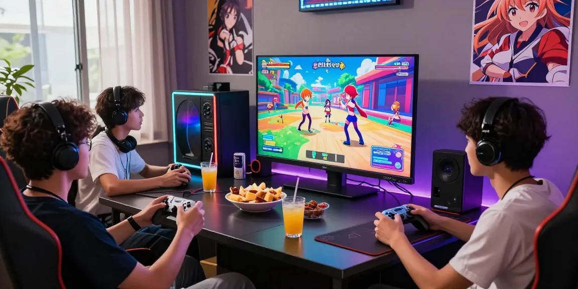 Engaging scene of friends playing a hentai game together in a vibrant gaming lounge.