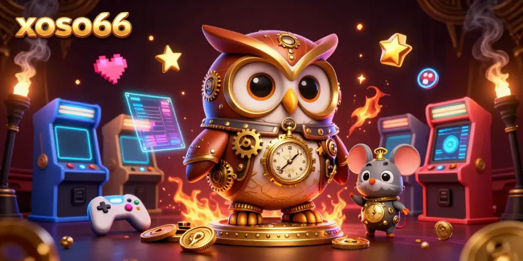 Engage with the vibrant xoso66 casino world featuring a time-traveling owl amidst retro and modern gaming elements.