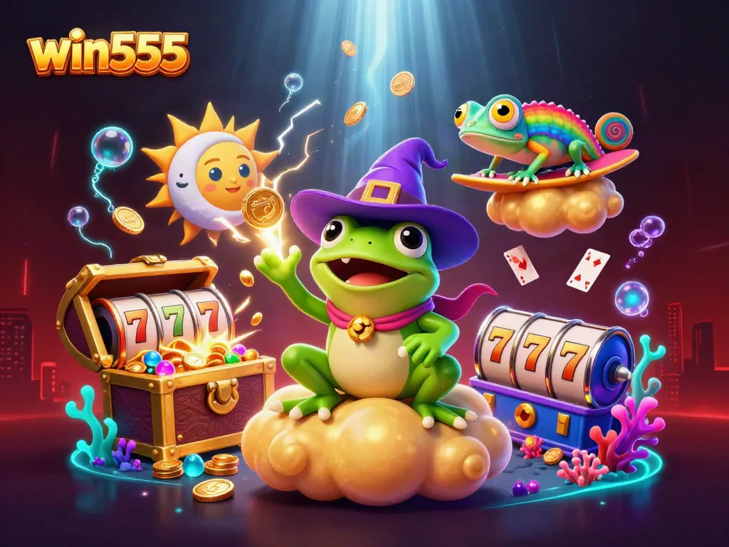 Engage in thrilling gameplay with win555 as a frog wizard conjures gold in an enchanting casino scene.
