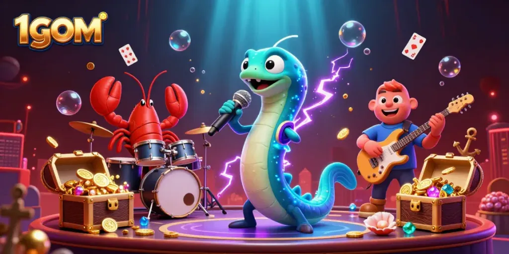 Watch the 1gom electric eel DJ igniting the underwater casino, surrounded by treasure and excitement.