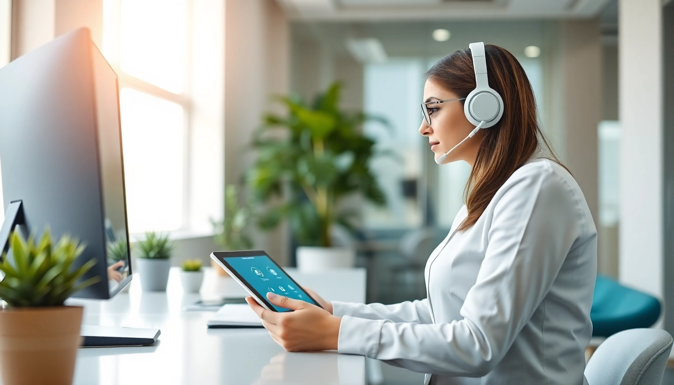 AI Receptionist engaging with clients in a modern office environment, demonstrating professionalism.
