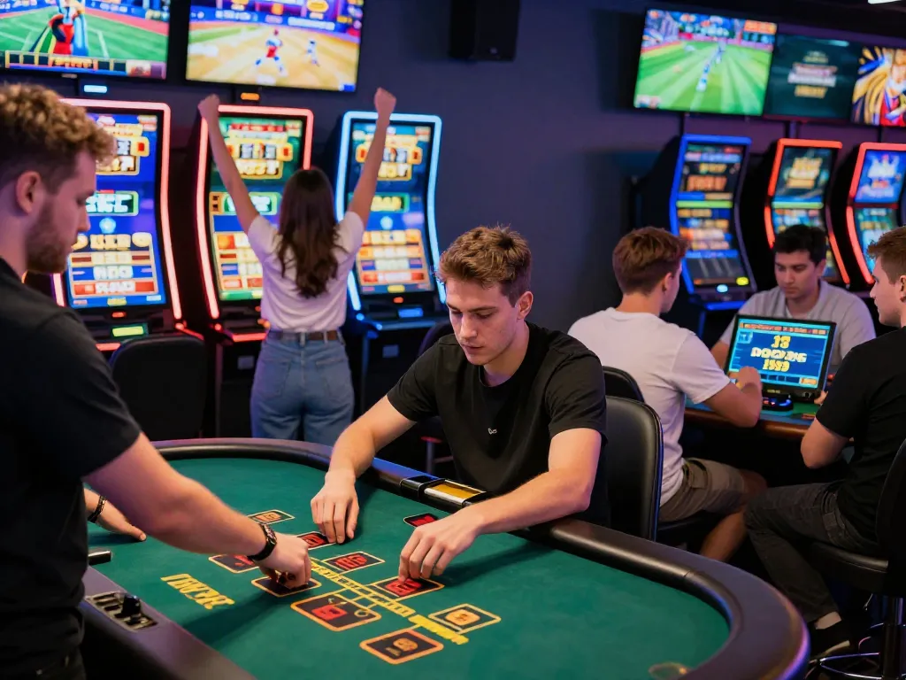 Engaged players at https://mmoo1.de.com enjoying live Blackjack and slots in a vibrant online casino atmosphere.