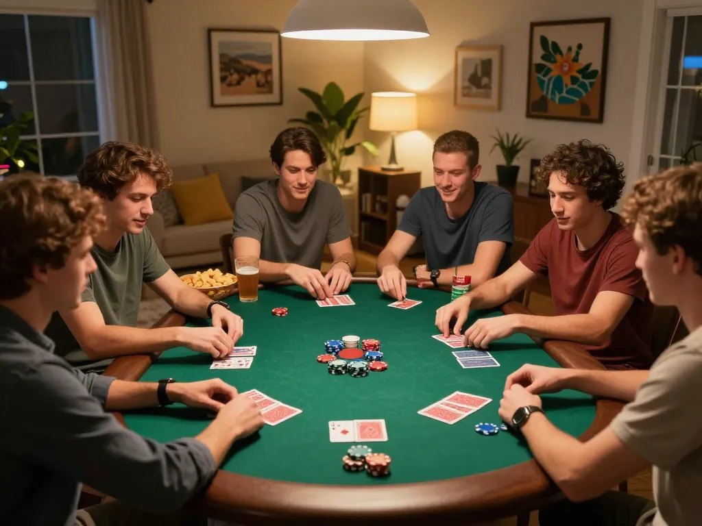 Friends enjoying a poker game at home, showcasing m88zo excitement with chips and cards.