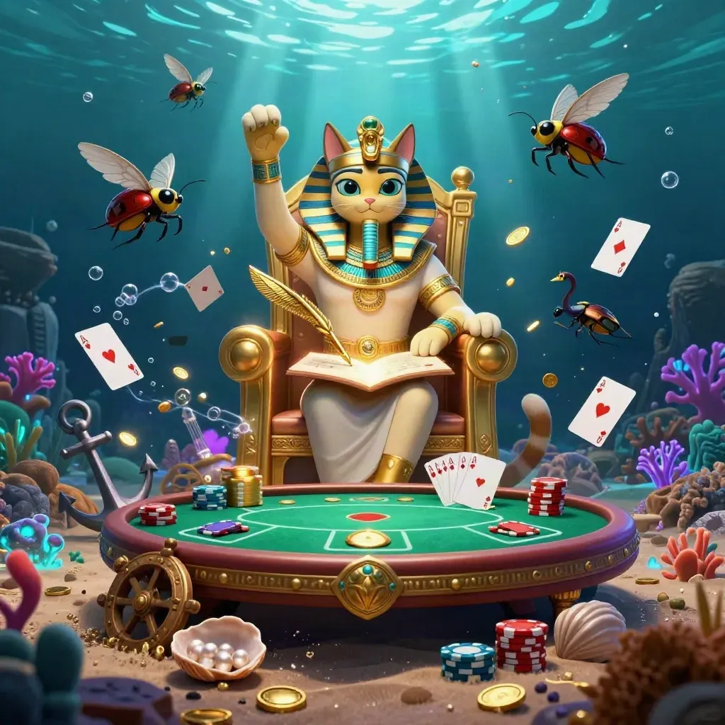 Gatto faraone su trono in una cove sottomarina con scribe ibis, scarabei, fiches e luce neon
