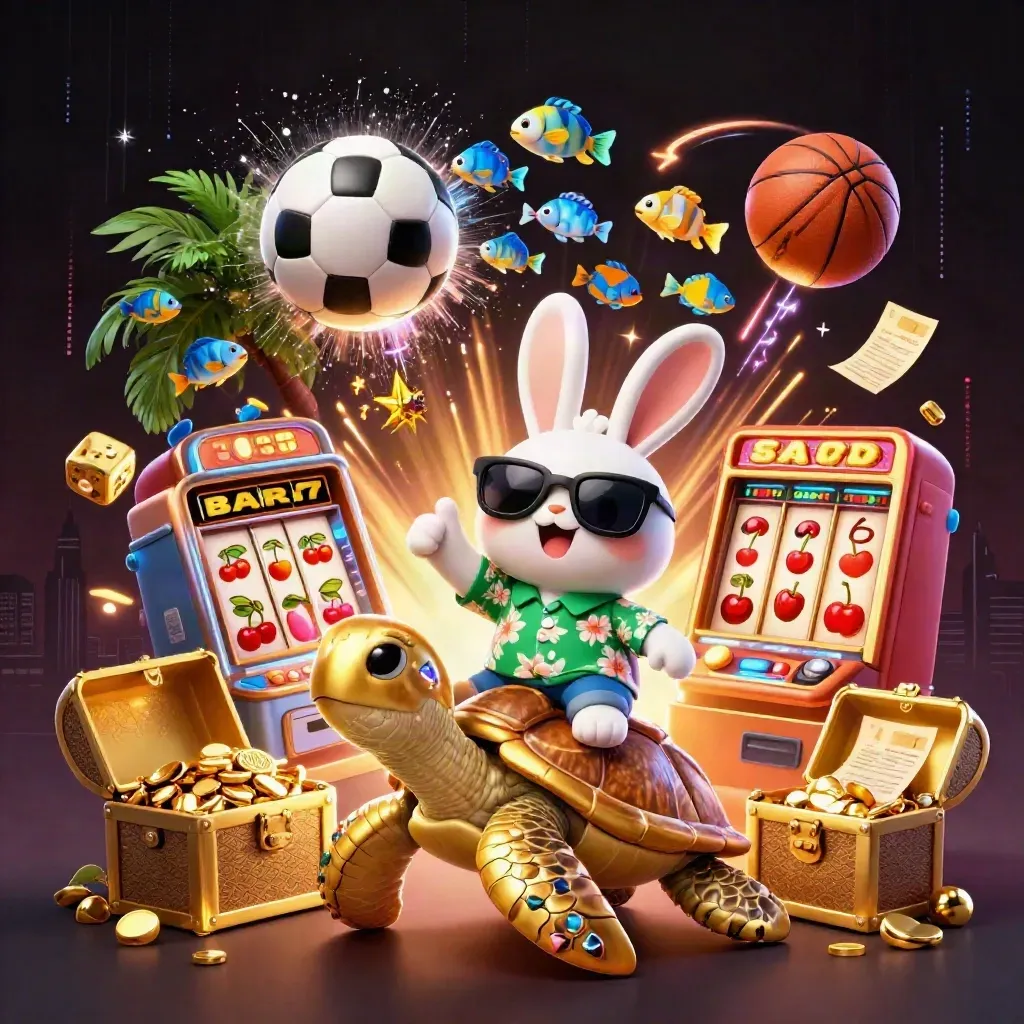 Coniglio 3D su tartaruga dorata, slot, dadi e pallone da calcio in scena neon premium.