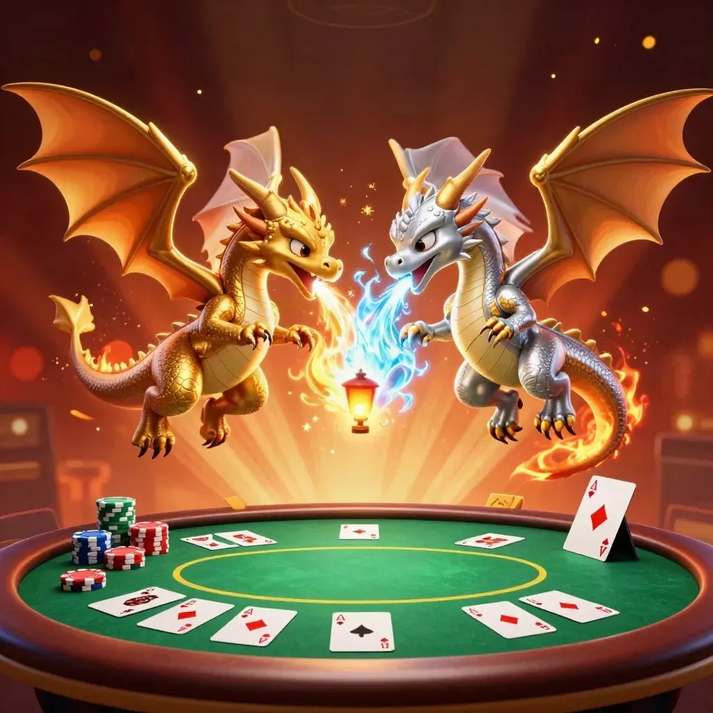 Due draghi intrecciati sopra un tavolo da poker con carte, fiches e bagliori magici.