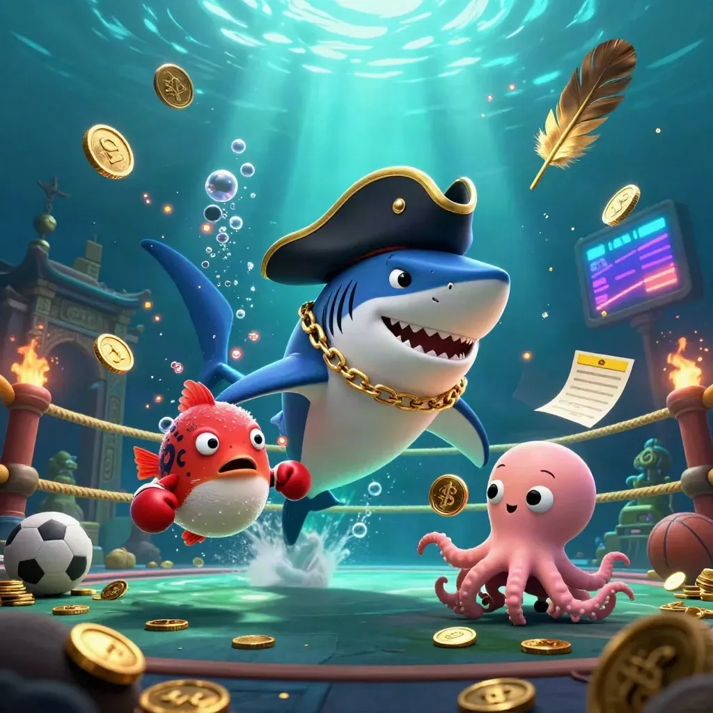 Squalo pirata, pesce palla e polpo tra monete e luce sottomarina neon.
