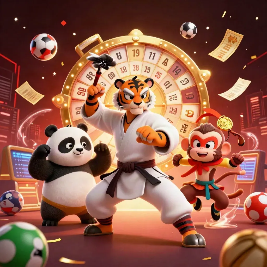 Tigre kung-fu, panda e scimmia tra palline, ruota premio e scintille nel buio.
