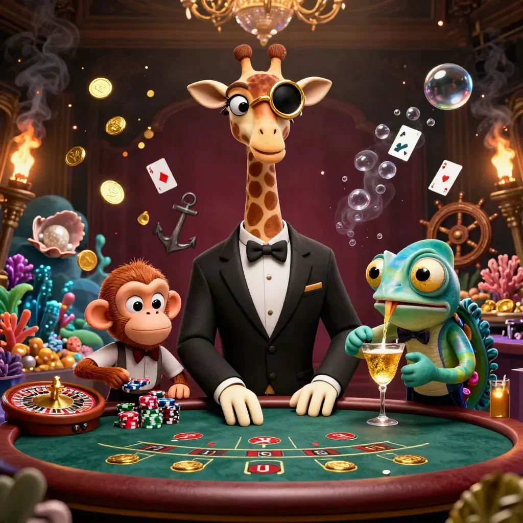 Giraffa, scimmia e camaleonte in un casino di lusso con coralli, oro e luci notturne