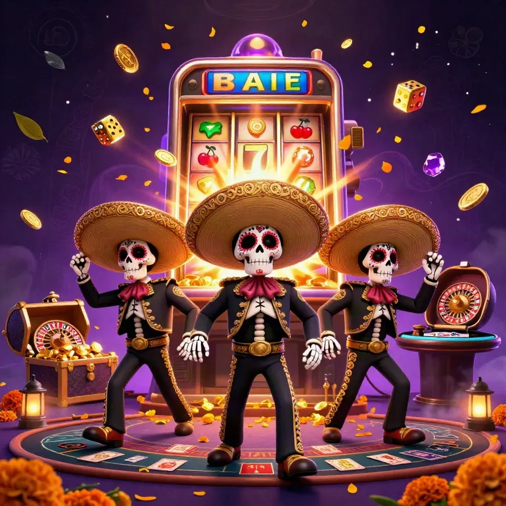 Trio di scheletri mariachi tra slot, ruota, dadi d'oro e atmosfera neon regale.