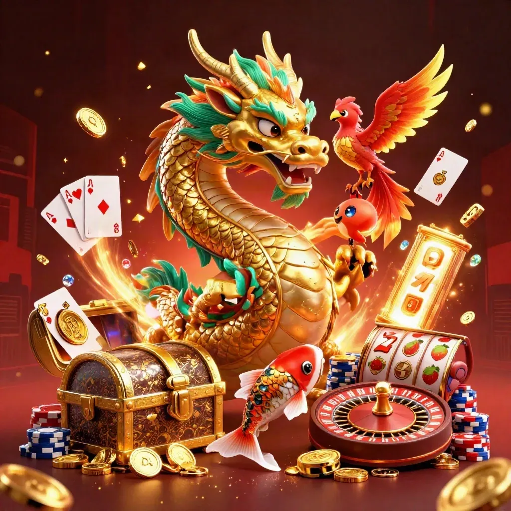 Drago dorato, fenice rossa e koi tra monete, gemme e carte su sfondo verde-oro notturno