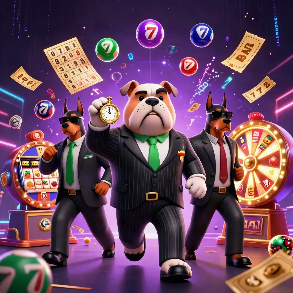 Bulldog boss e due doberman tra palline, ruota e jackpot in stile casino neon