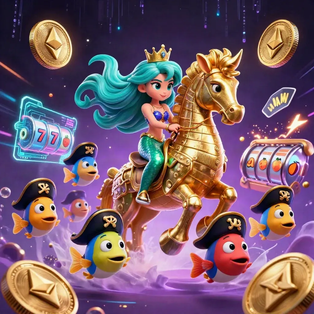 Principessa sirena su cavalluccio marino dorato con pesci pirata e monete crypto nel neon viola