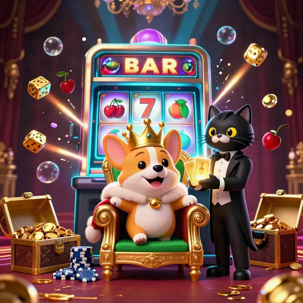 Corgi reale e gatto maggiordomo tra slot esplosiva, monete e bagliori neon.