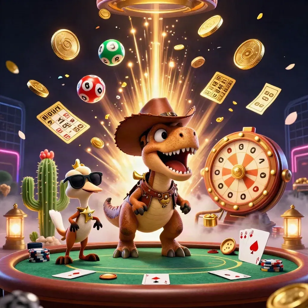 T-Rex cowboy, cactus e roadrunner tra monete, carte, ruota premio e fuochi d’artificio.