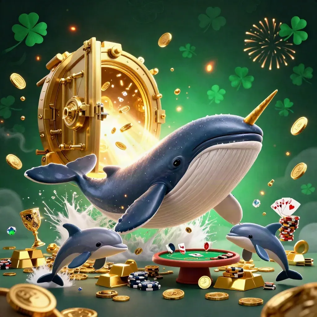 Balena, narvalo e delfini tra monete d’oro, scrigno aperto e tavolo da poker