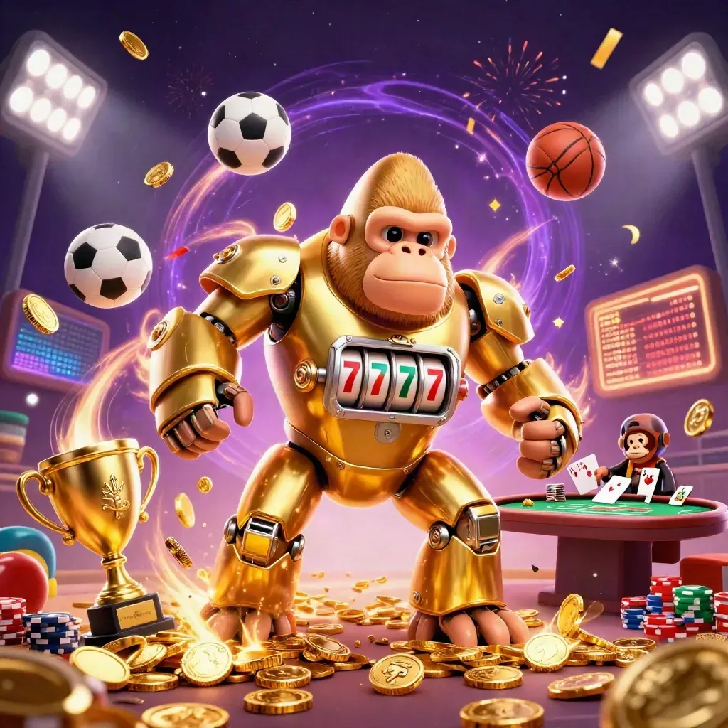 Gorilla meccanico d’oro con scimmietta, carte poker e monete in festa sotto fuochi d’artificio