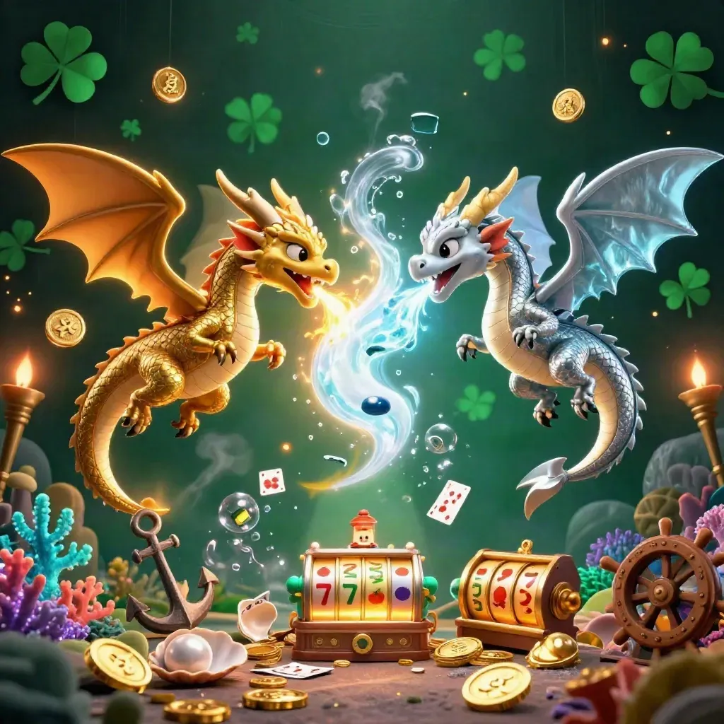 Due draghi intrecciati con fuoco e ghiaccio, monete, coralli e carte in stile poker premium.