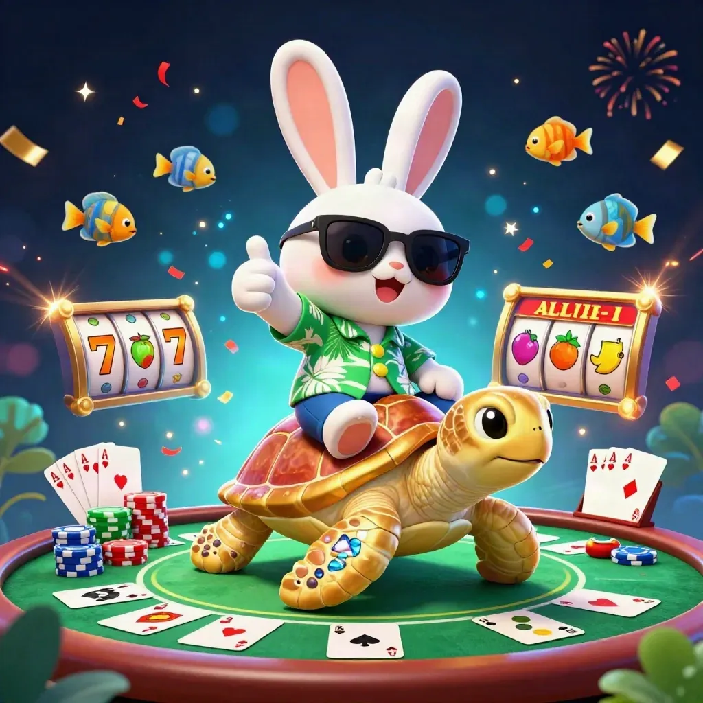 Coniglio portafortuna su tartaruga d’oro, fiches, carte e luci da casinò.