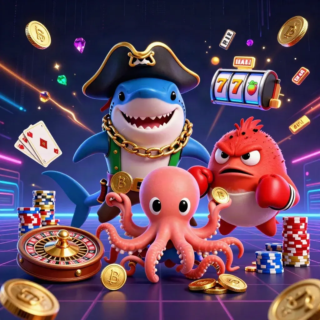 Squalo pirata, pesce palla e polpo tra monete, fiches e neon su sfondo scuro.