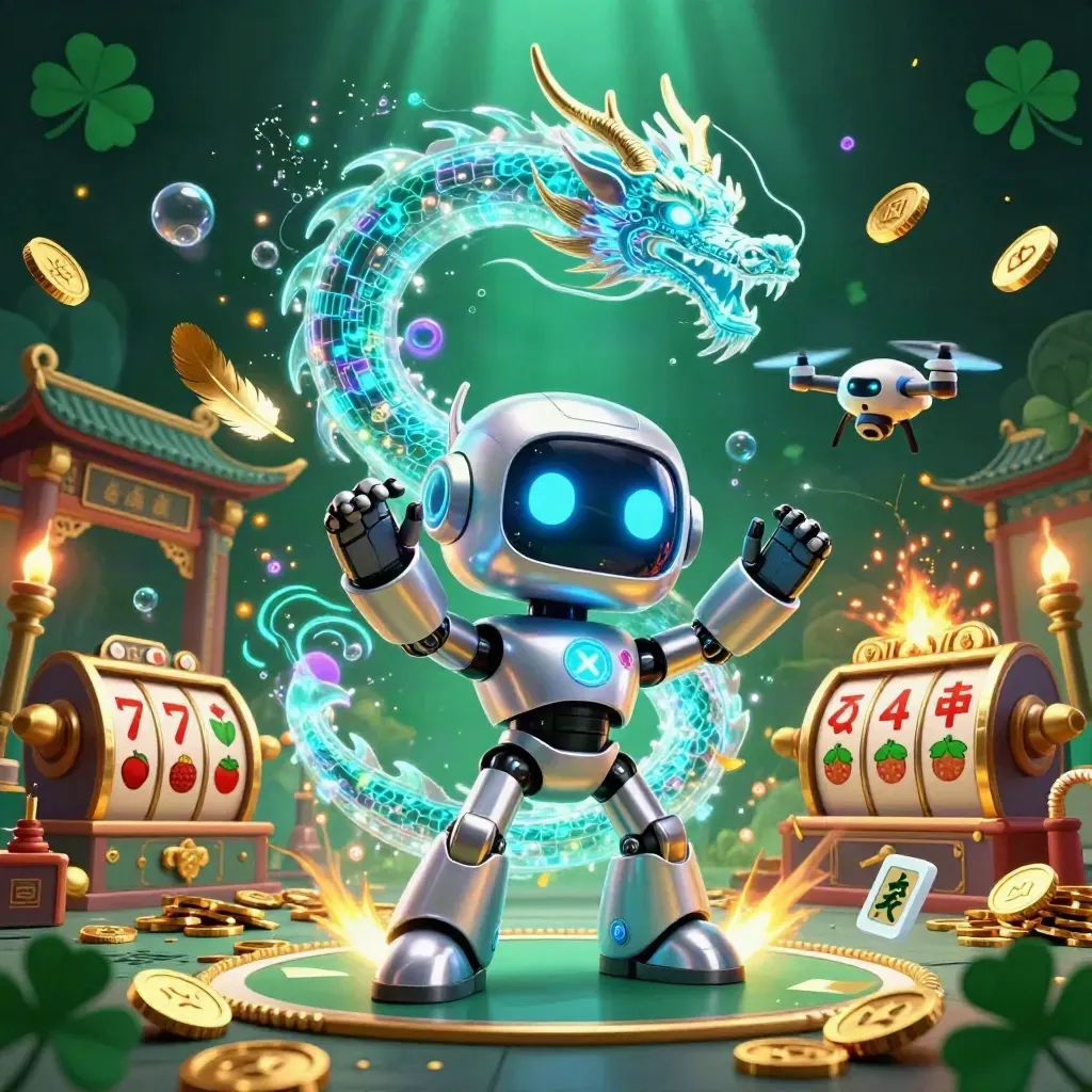 Robot cyberpunk, drago olografico e drone tra monete d’oro e luci neon su sfondo verde scuro.