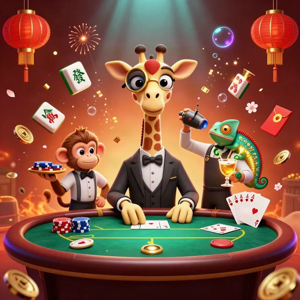 Giraffa, scimmia e camaleonte al tavolo da poker con monete, lanterne e bagliori dorati