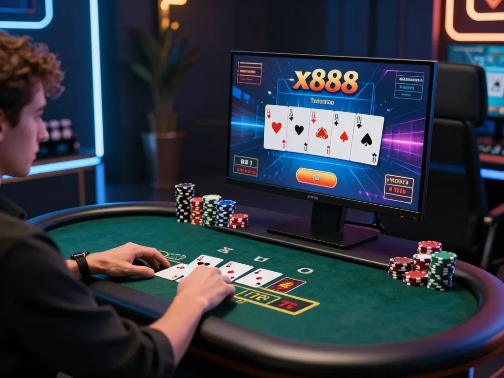 x888 player enjoying interactive blackjack session in a sleek home gaming setup
