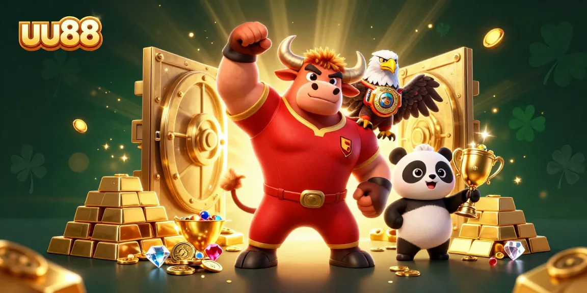 Experience exhilarating gaming at uu88 with a joyous panda, triumphant bull, and eagle championing victory!