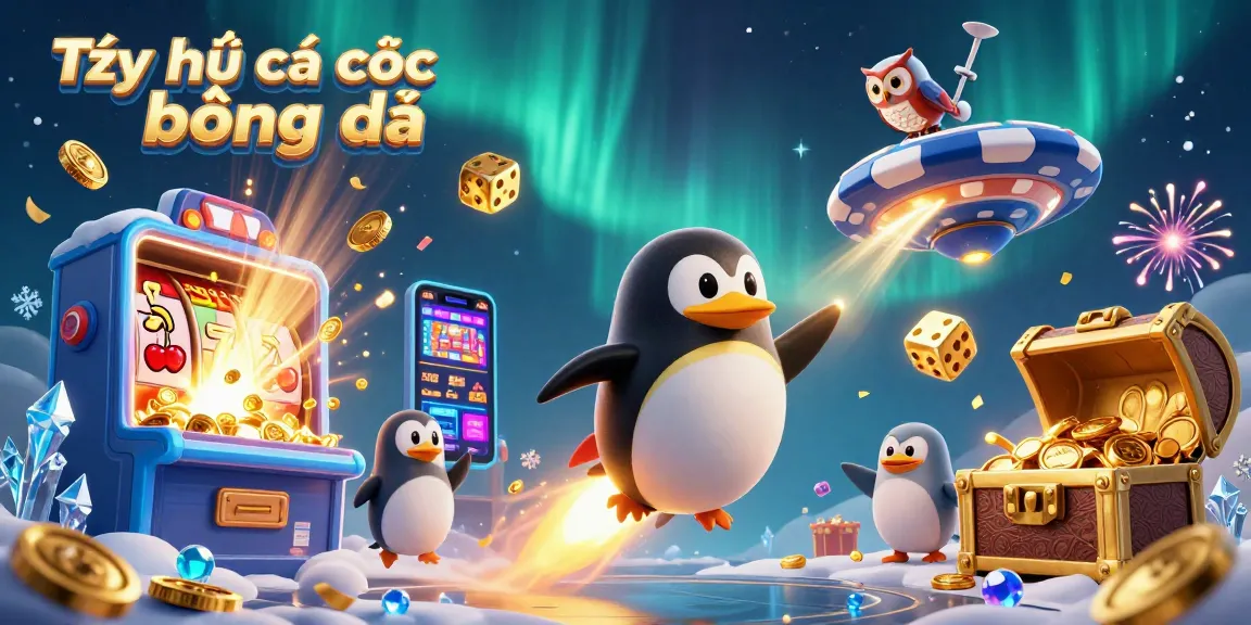 Engage in Tỷ lệ cá cược bóng đá with a dynamic scene featuring a golden penguin and vibrant casino elements.