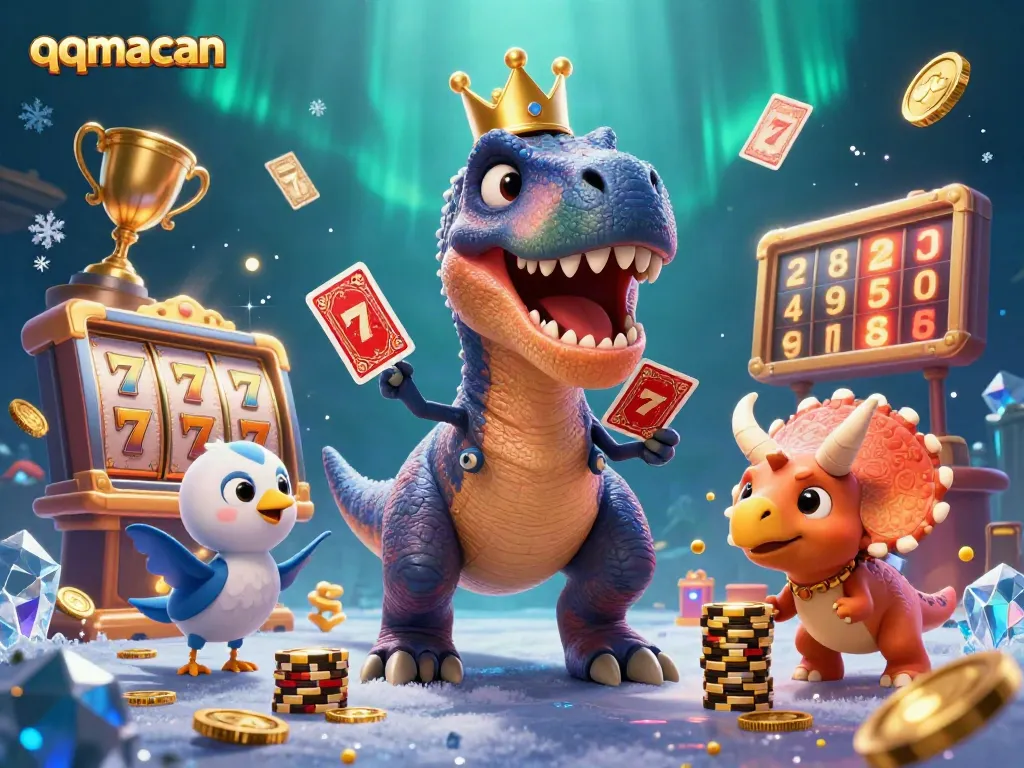 Experience the excitement of qqmacan with engaging characters and dynamic casino elements including golden trophies and slot reels.