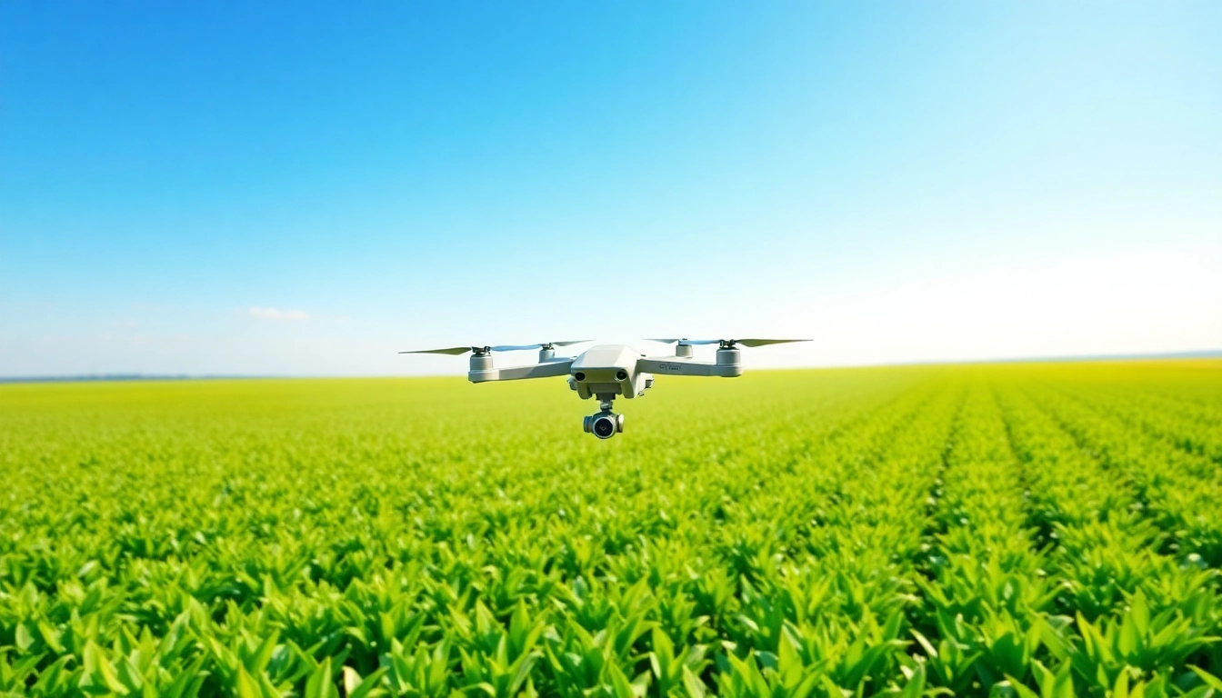 DJI agriculture drone actively spraying crops in a lush field.