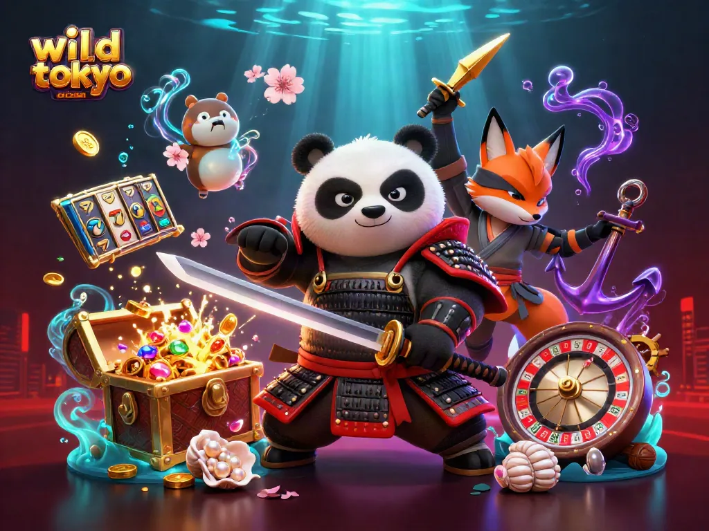 Engaging illustration of wild tokyo casino action with a cartoon panda samurai and exciting gaming elements.