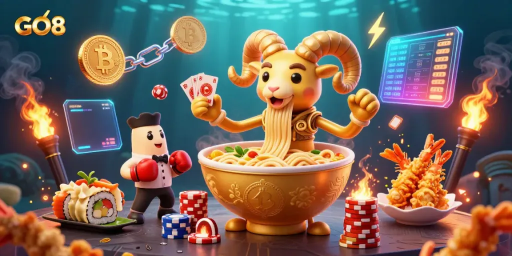 Engage in thrilling gameplay at GO8 with dynamic casino elements featuring fun 3D characters and glowing crypto tokens.