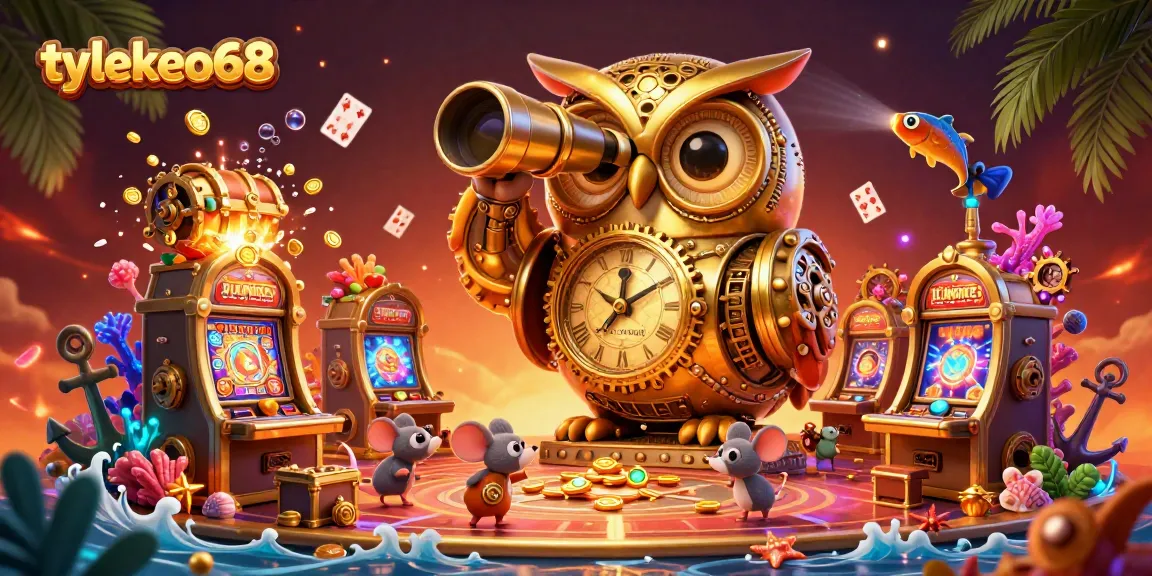 Engage in thrilling casino actions with tylekeo68, featuring an owl scanning the gaming floor amidst rich gold treasures.