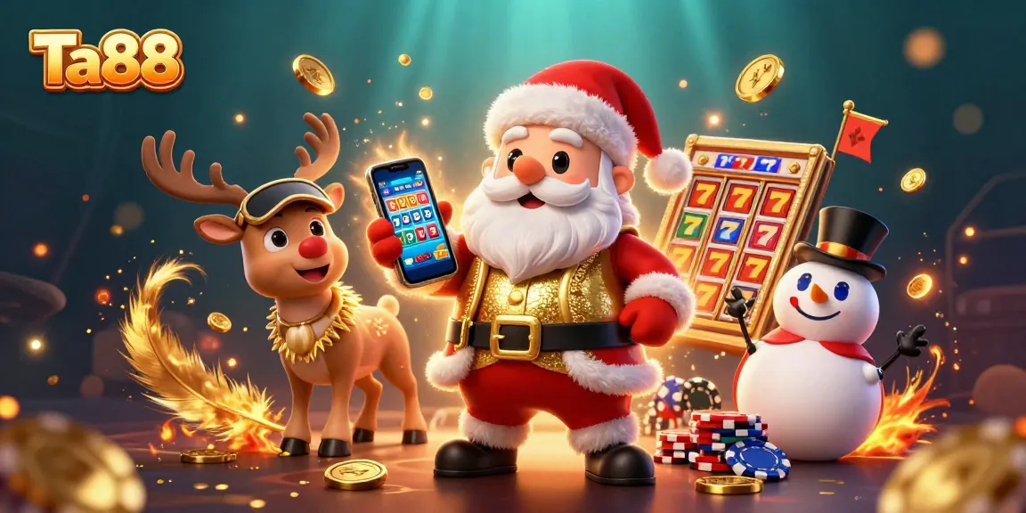 Experience the thrill of Ta88 with Santa Claus and his casino-themed friends in an exciting jackpot scene.