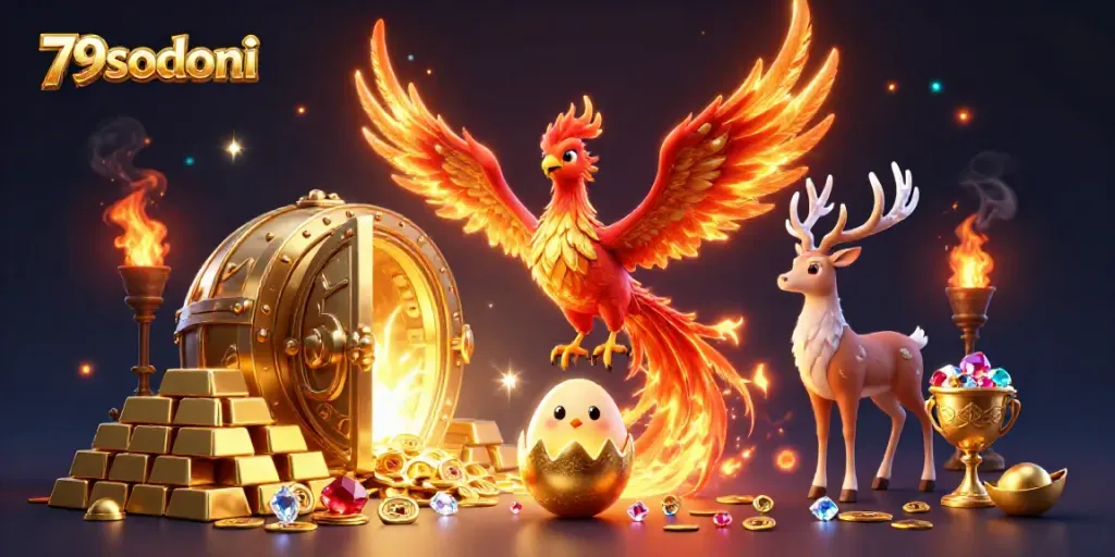 The fire phoenix and baby chick celebrate winning stakes at 79sodoni casino, surrounded by gold treasures.