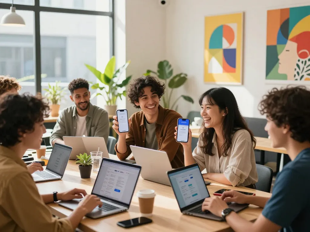 Active users enjoying Crushon AI character chats in a vibrant co-working space with tech and laughter.