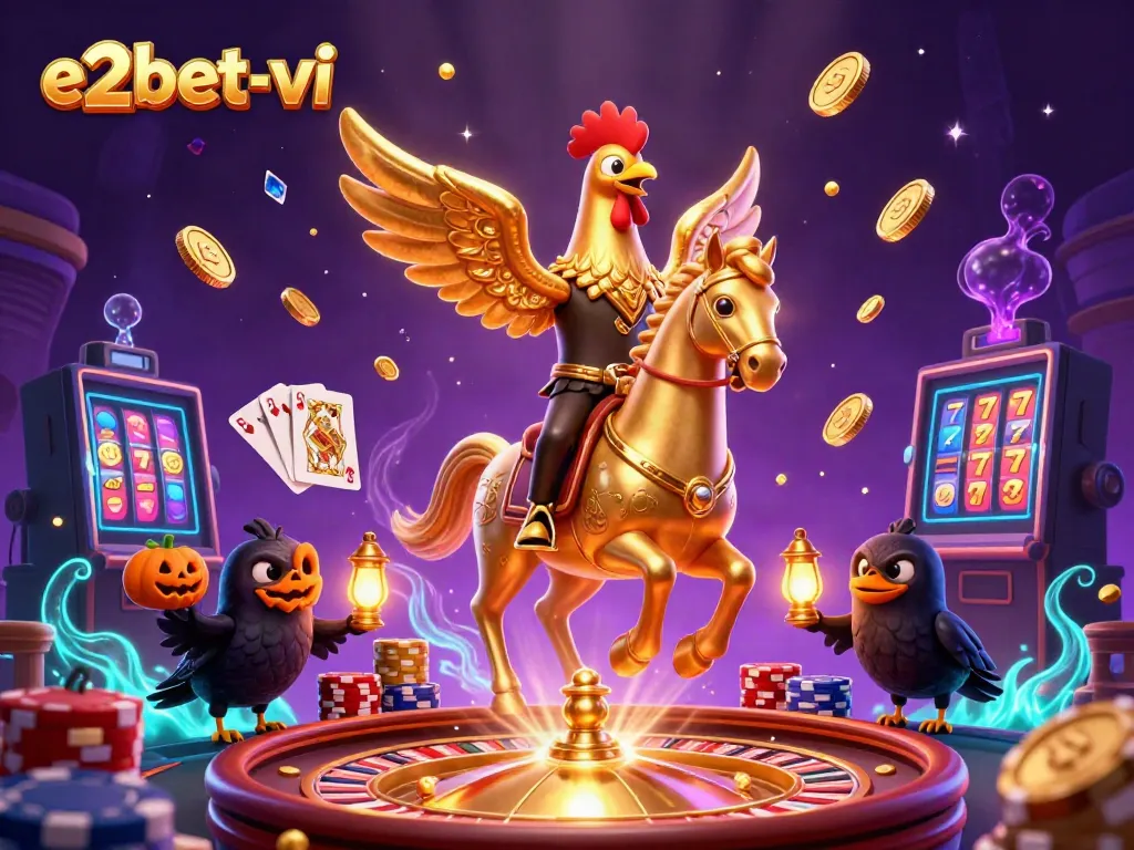 Experience thrilling excitement with e2bet-vi in a vibrant casino scene showcasing golden rooster and crows.