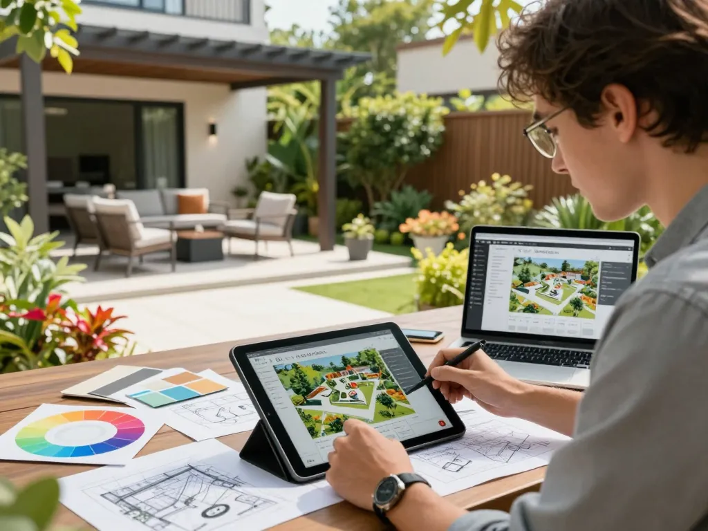 Configurator 3D outdoor model displayed by a landscape architect among patio design elements and greenery.
