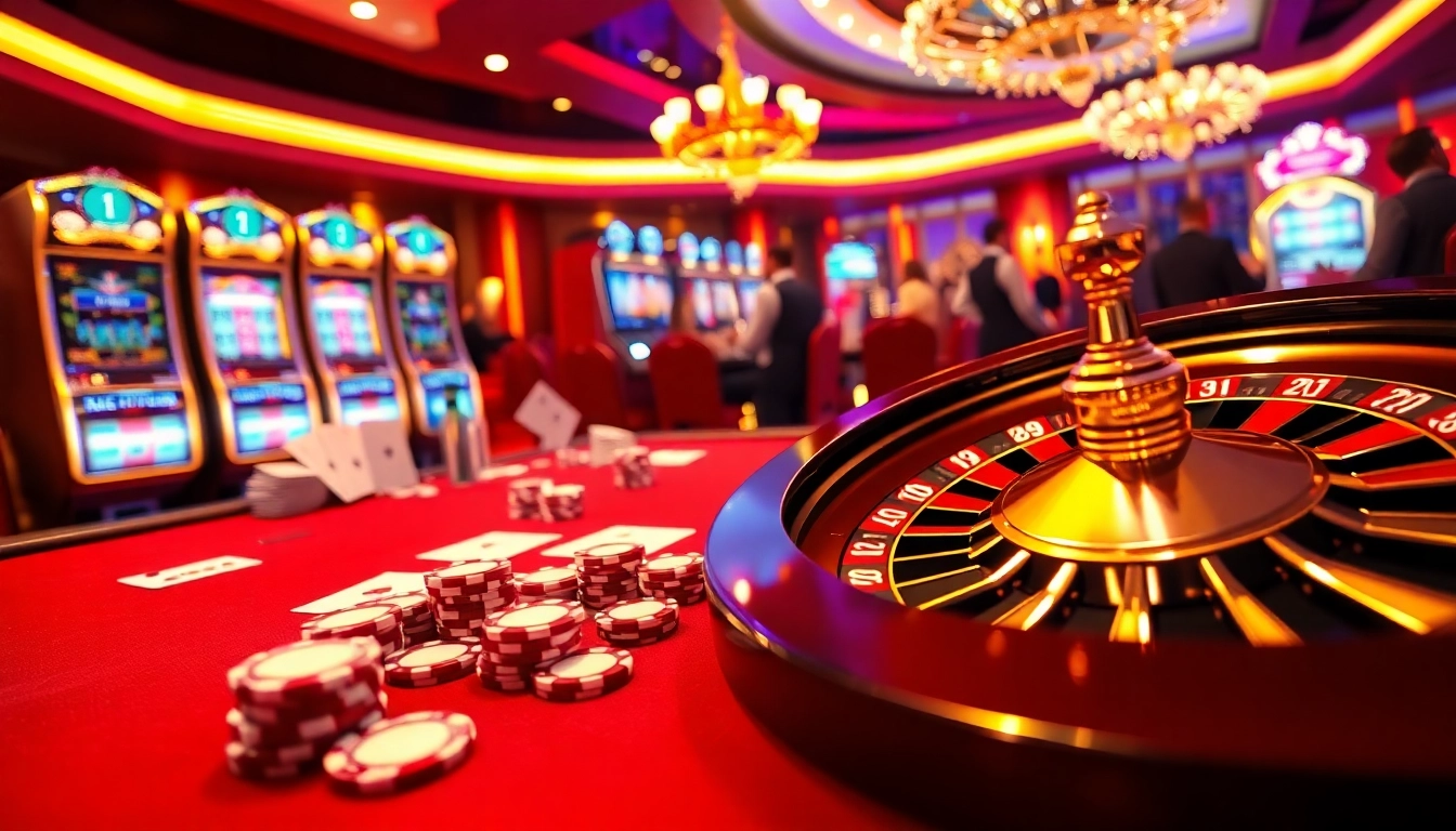 Engaging casino scene at good88v net with roulette, poker chips, and vibrant slot machines, showcasing excitement.