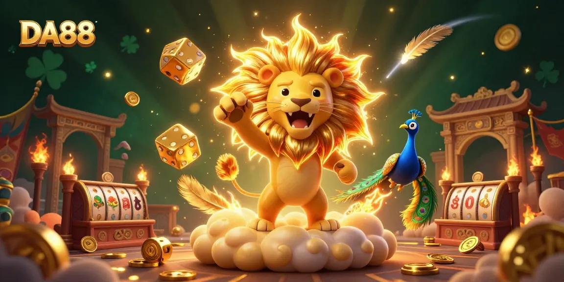 DA88 in a vibrant casino-themed scene featuring golden dice and cartoon lion on a winning quest.